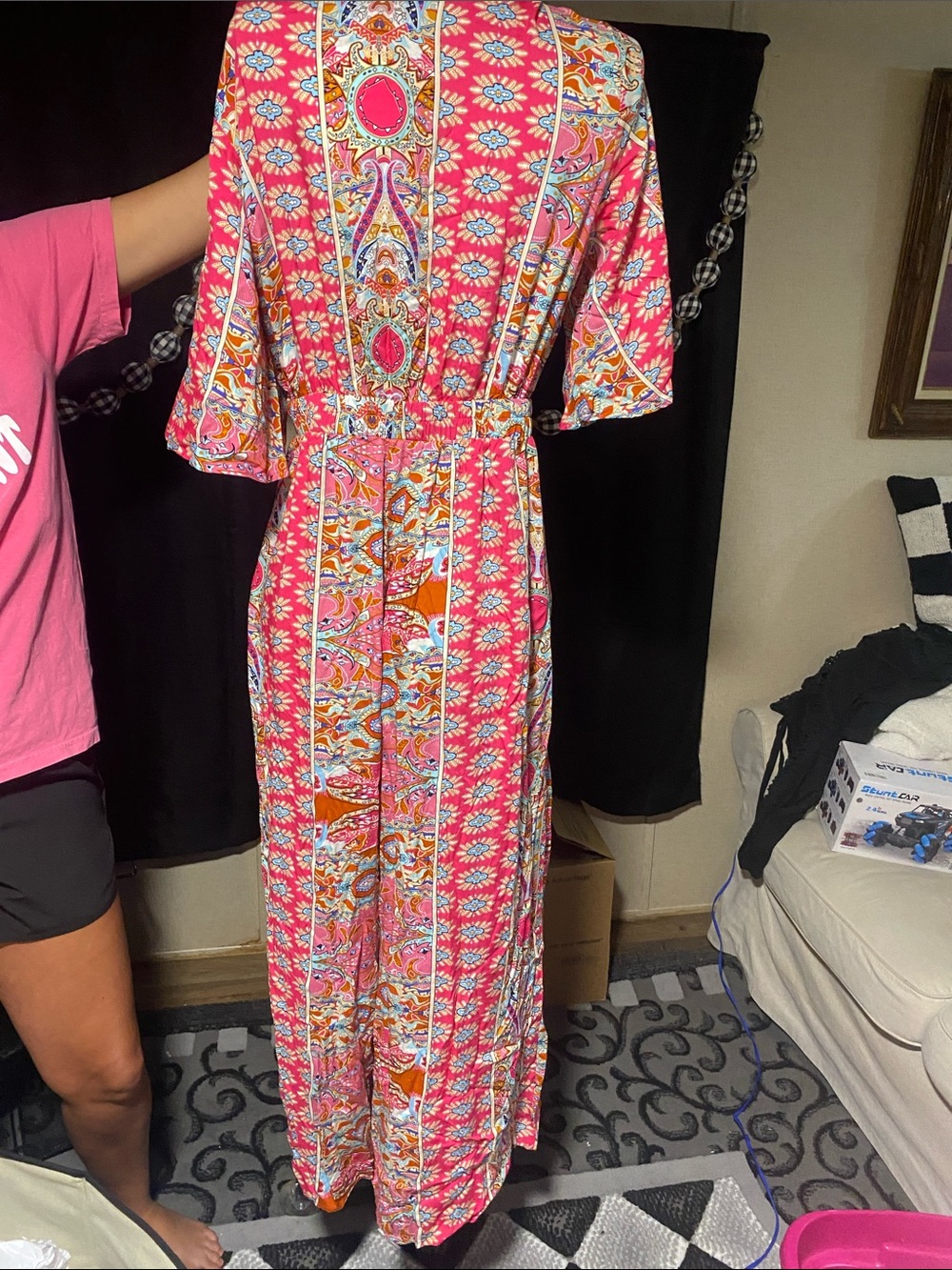 Women’s Pink Floral Tie-Front Jumpsuit Romper - Picture 5 of 7